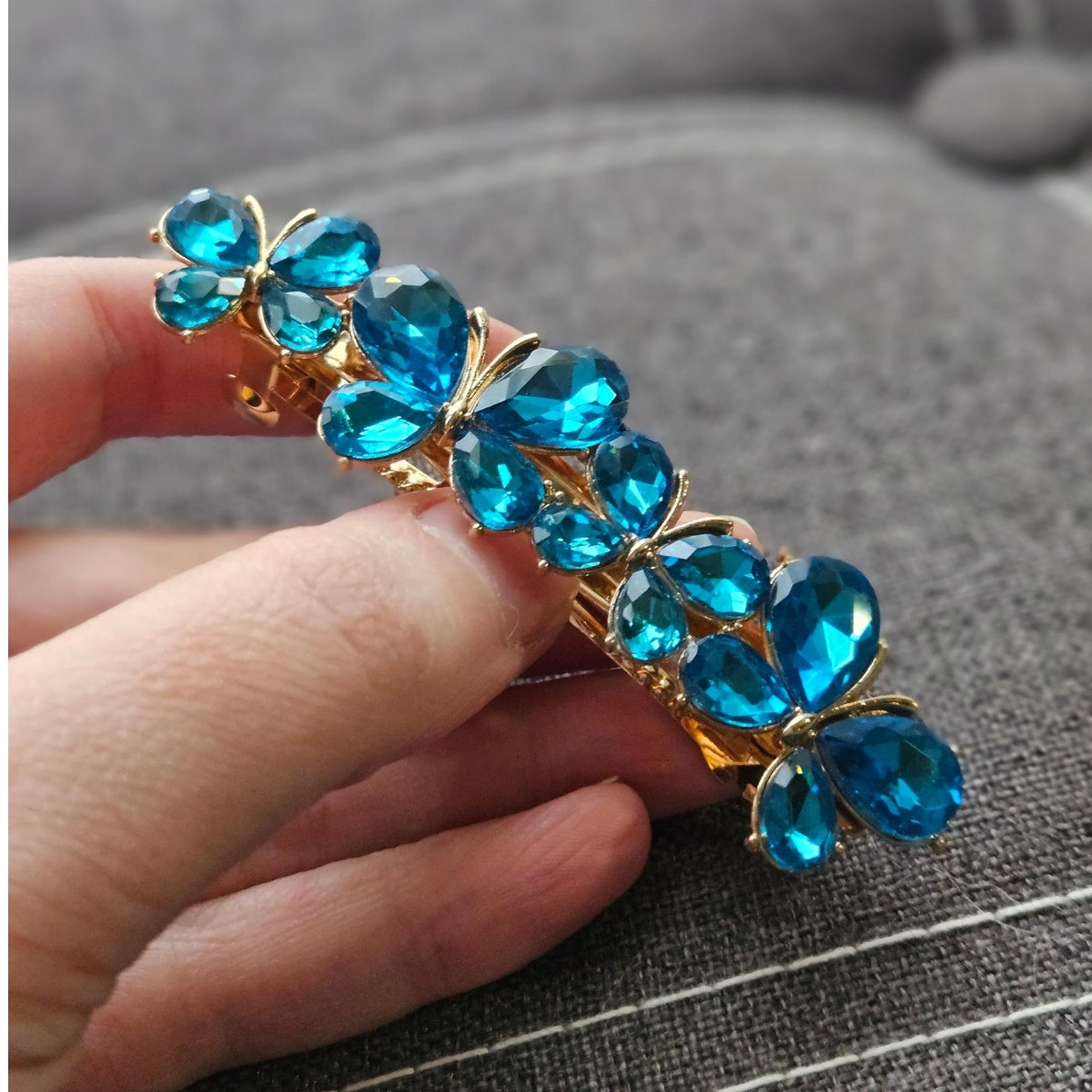 Sparkling Bright Blue Rhinestone Butterfly & Gold-Tone Mixed Metal Hair Clip