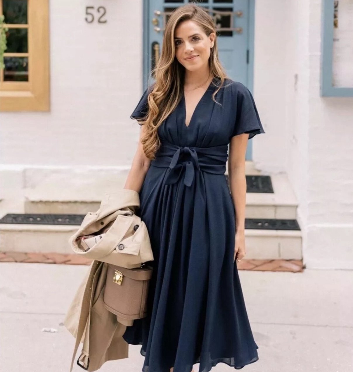 Gal Meets Glam Womens Plus 18 Jane Navy Tie Waist Midi Dress Short Sleeve V Neck