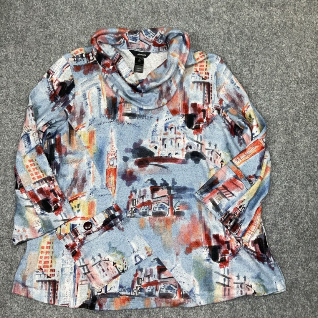 Ali Miles Sweater Womens Size L Blue Artsy Top Cowl Neck Fleece Tunic