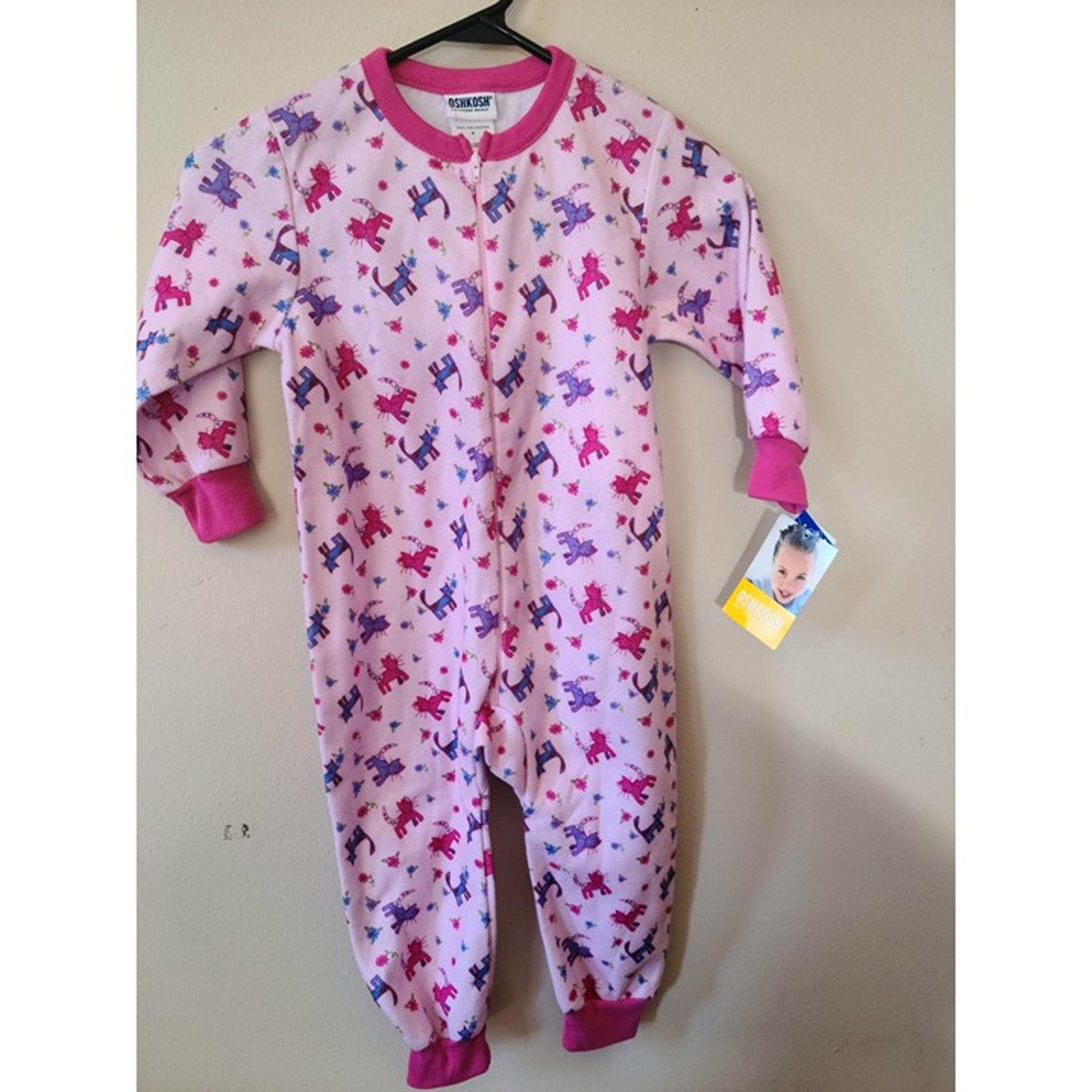 NOS Y2K OshKosh BGosh Girls Fleece Pajamas Sz 4 Pink Kitty Cat One Piece No Feet