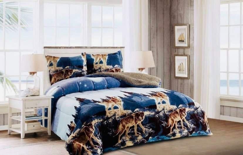 Full/Queen 3PC Wolf Soft and Thick Sherpa Borrego Blanket Set Queen Size