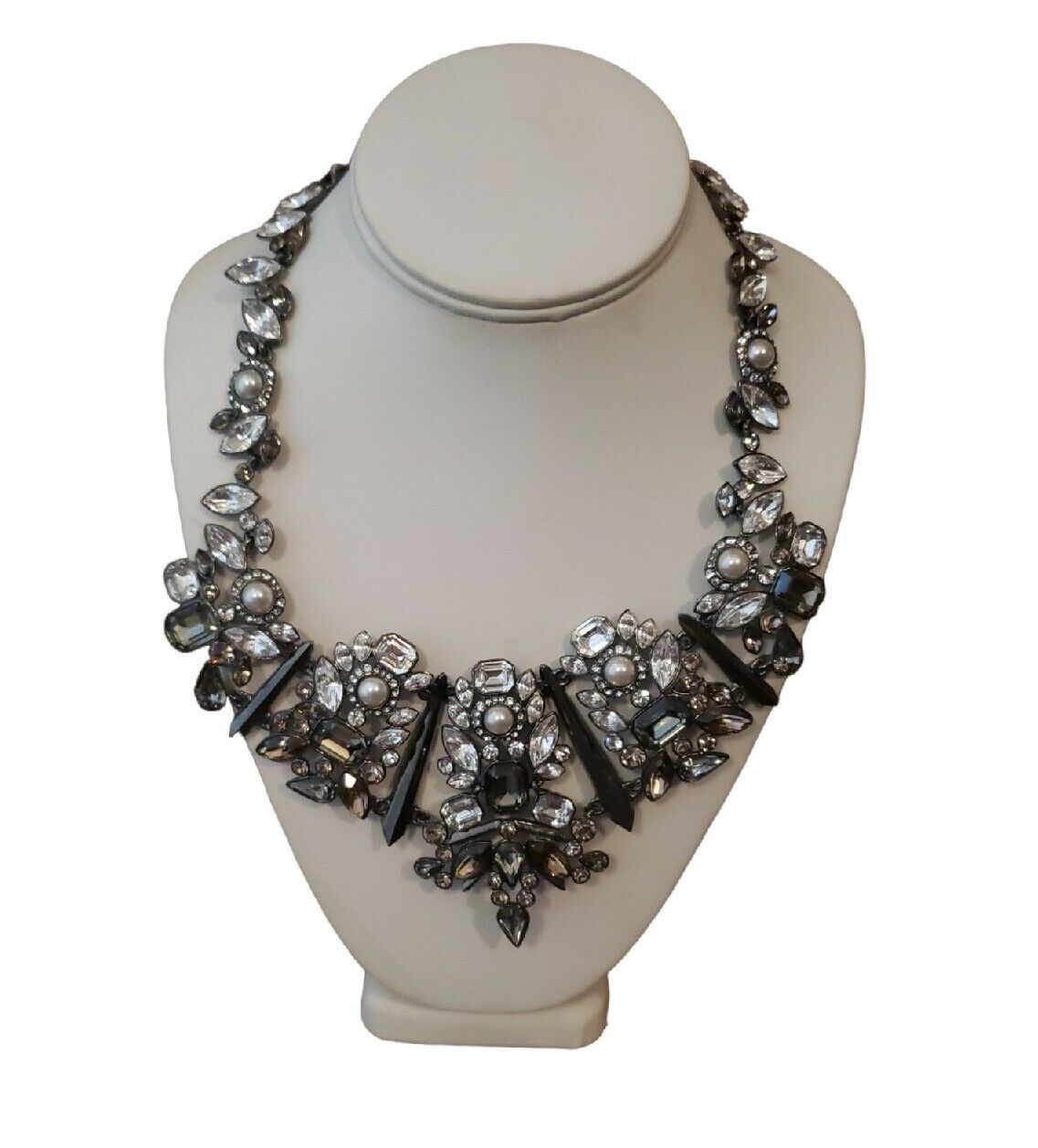 Givenchy Statement Necklace Smoky Grey Clear Rhinestone Faux Pearl Chunky Runway