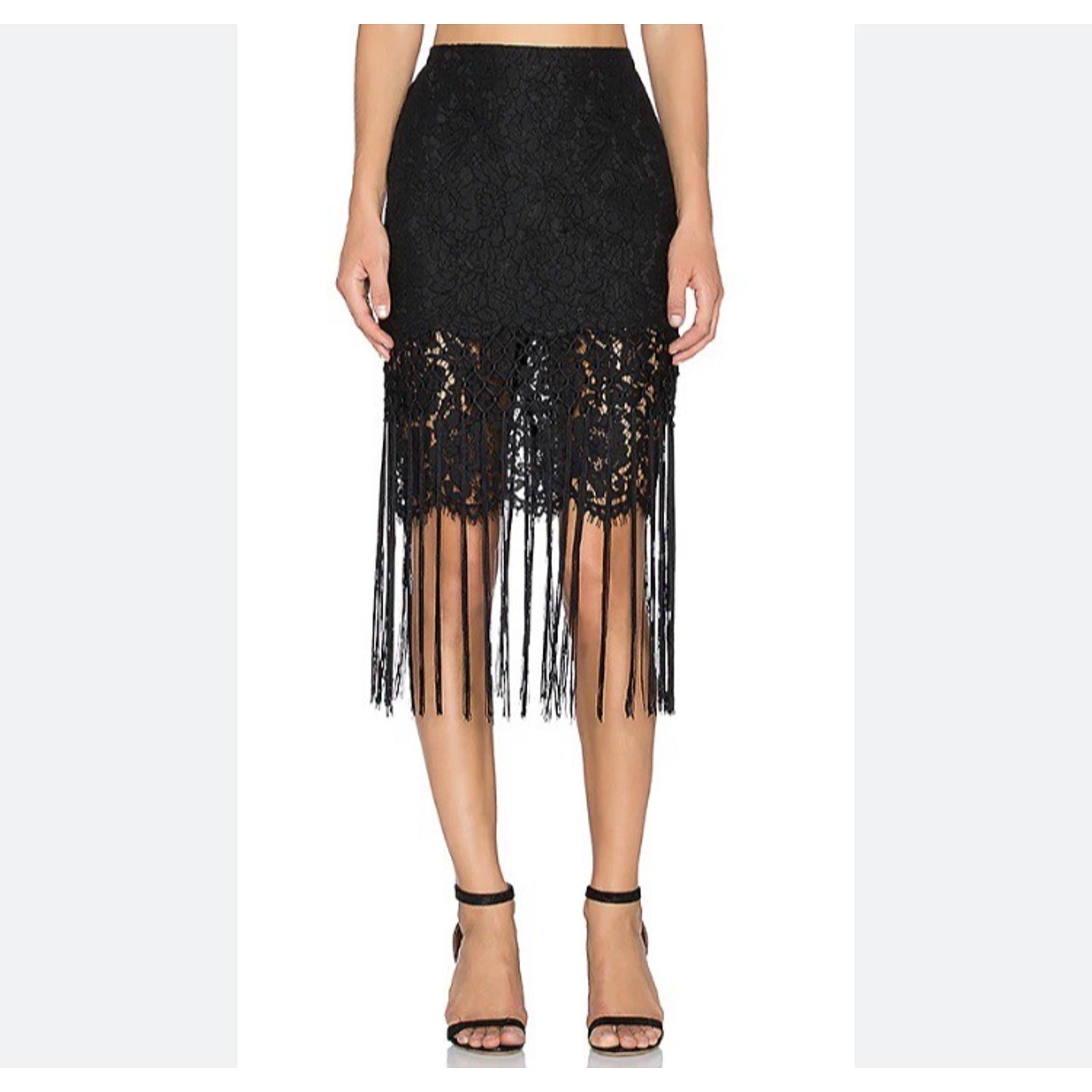 NWT Endless Rose Lace Pencil Skirt Fringe Black Sheer Lined Size Small