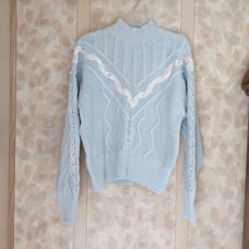 Vintage Rebecca Stone Blue Pearl Beaded Ribbon Cable Knit Sweater Large Chunky
