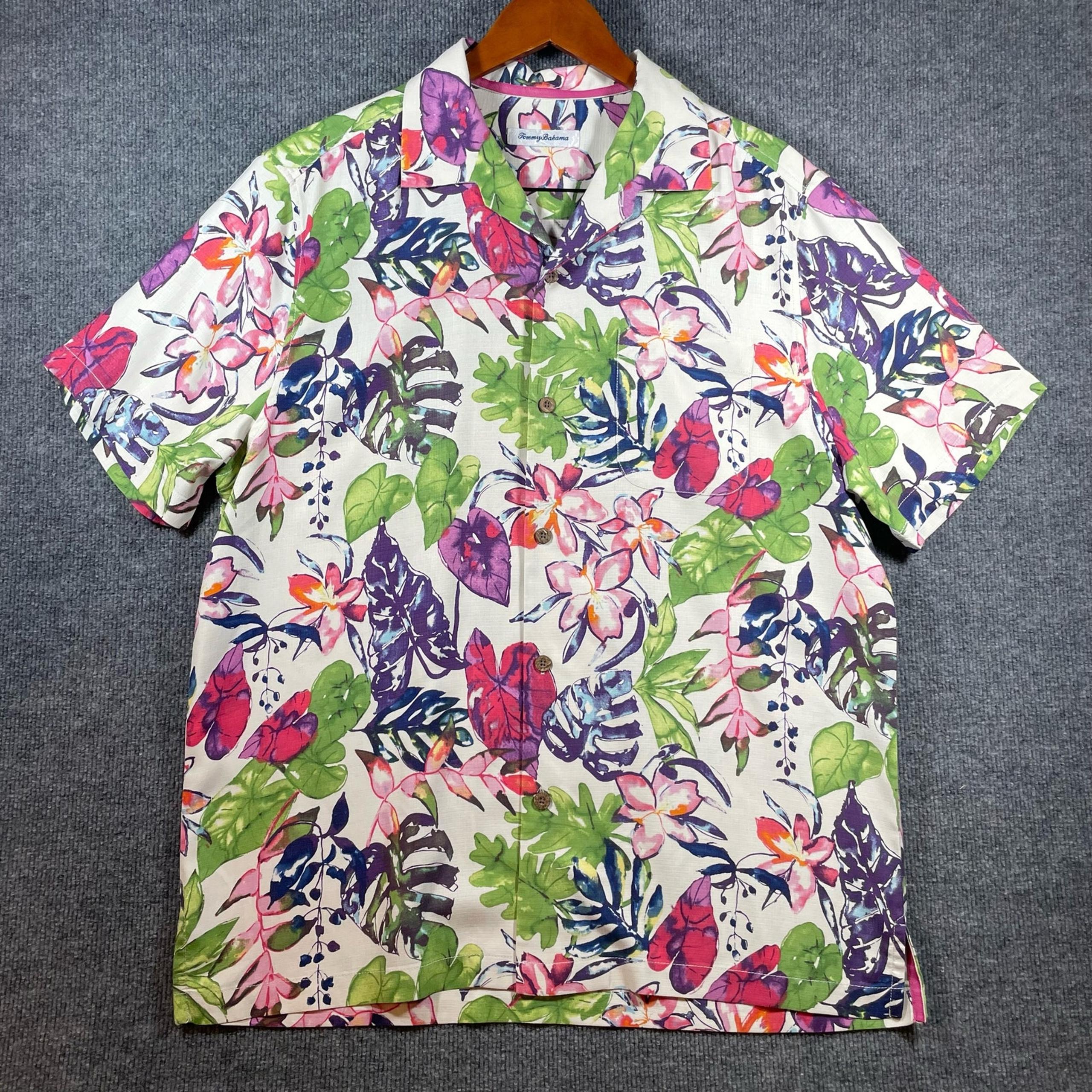 Tommy Bahama Island Zone Shirt Men's Large Green/Blue Floral Allover Silk Blend