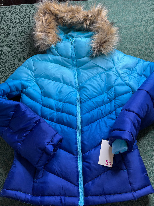 NWt 16 Blue SO dip tie dye ombre winter coat jacket FUR puffer water wind winter
