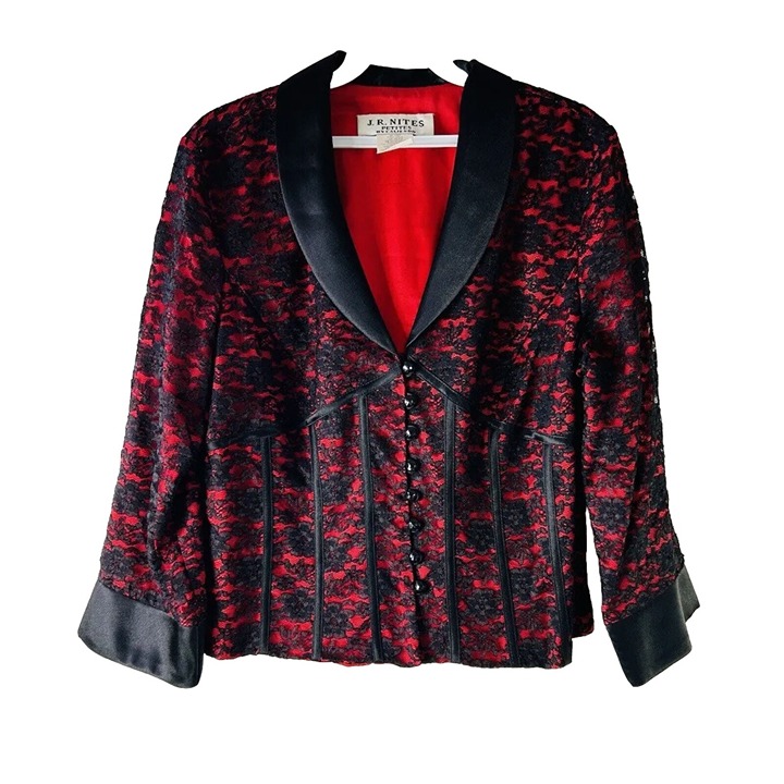 Vintage Womens Medium Satin Trim Lace Corset Blazer Jacket Red USA