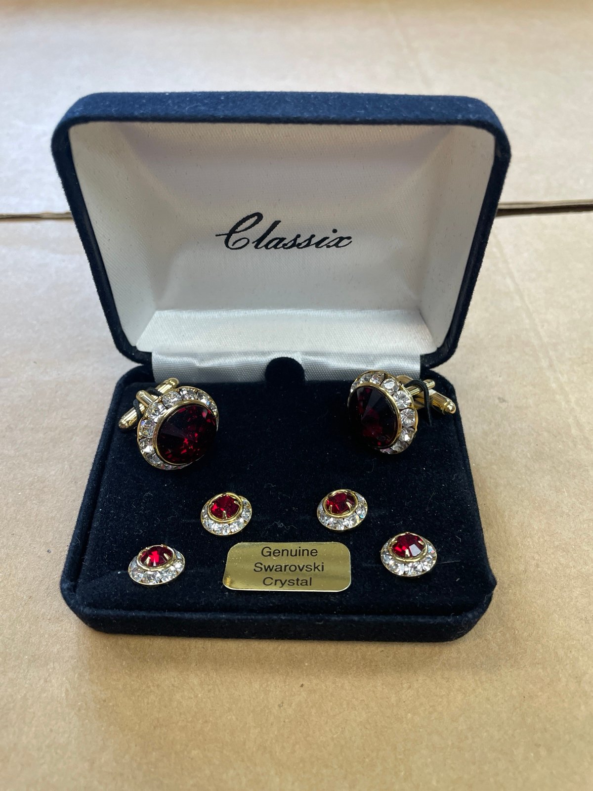 Ruby Red Stone with Austrian Crystals Border Cufflinks and Studs Set
