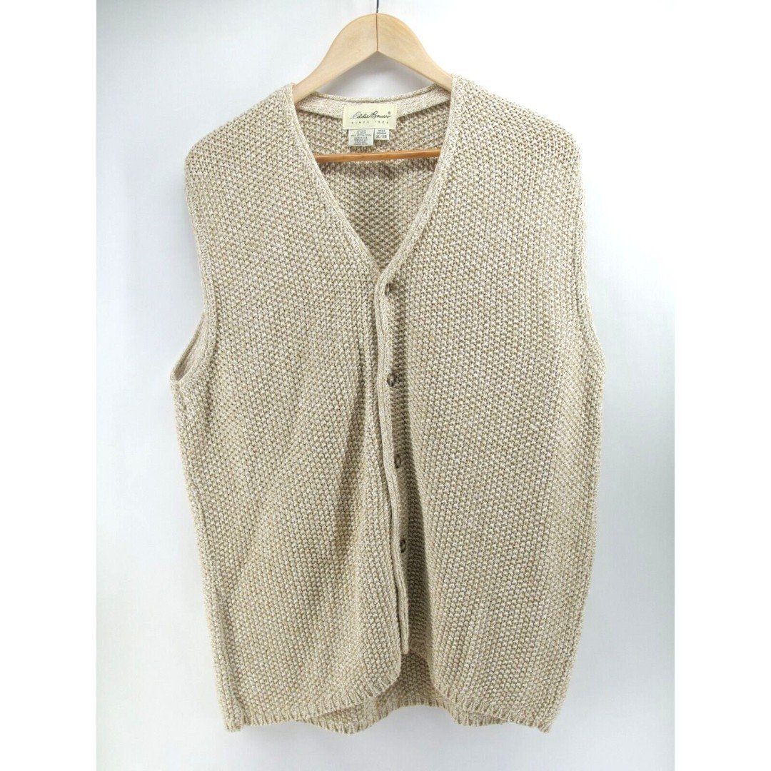 Vtg 90s Eddie Bauer Sweater Vest Cardigan Beige Chunky Knit Made in USA Mens XL