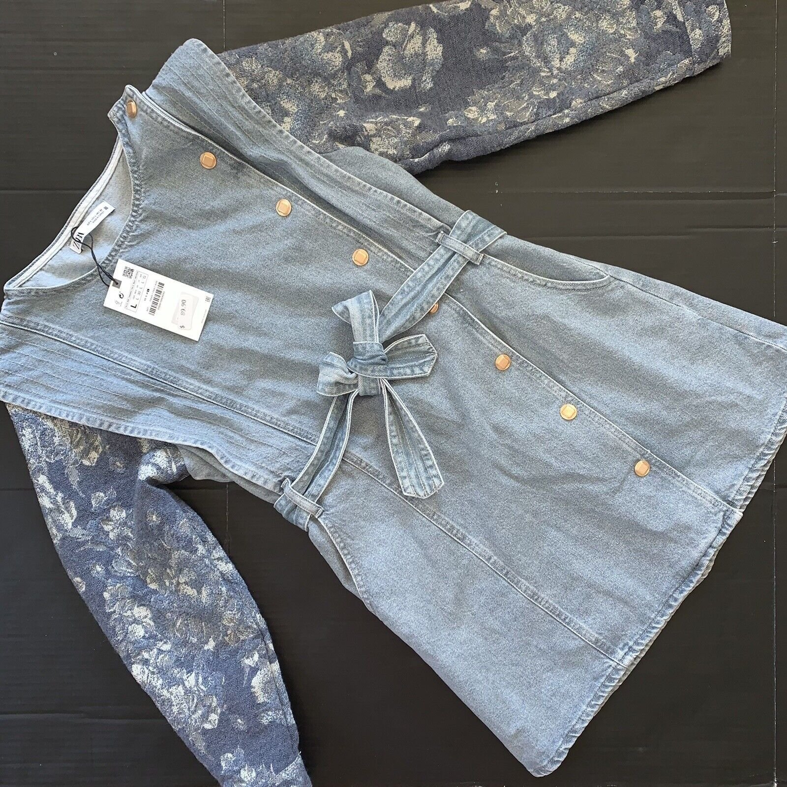 NWT Zara L mini DRESS denim jeans BLUE floral sleeves gold buttons belted