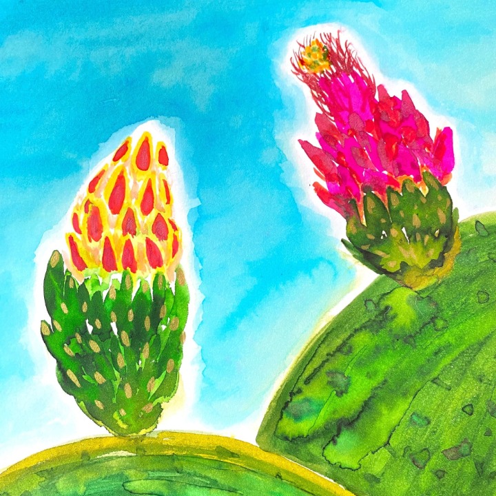 Fruition - Original Wall Art Handmade Watercolor Cactus Flower Painting 11 x14