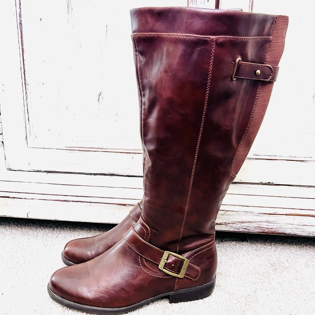 Kim Rogers Jax2 Brown Vegan Marbled Leather Buckled Knee High Riding Boots Sz 8