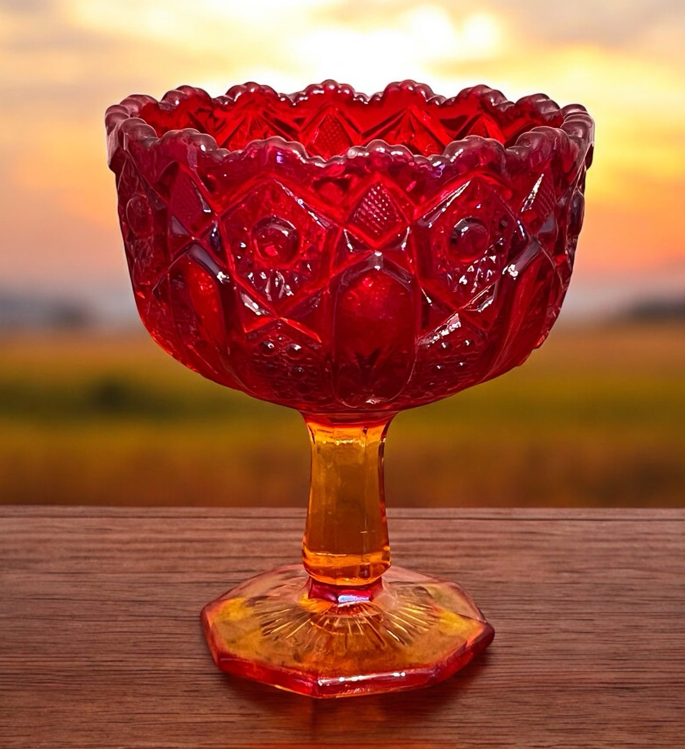 Vintage Fenton Ruby Amberina UV Reactive Glass Pedestal Bowl Compote