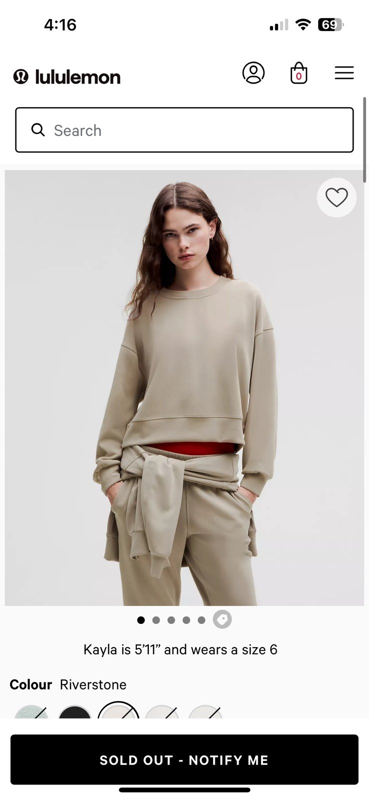 Lululemon Perfectly Oversized Crop Crew Size 6 Women’s SOLD OUT Riverstone Color