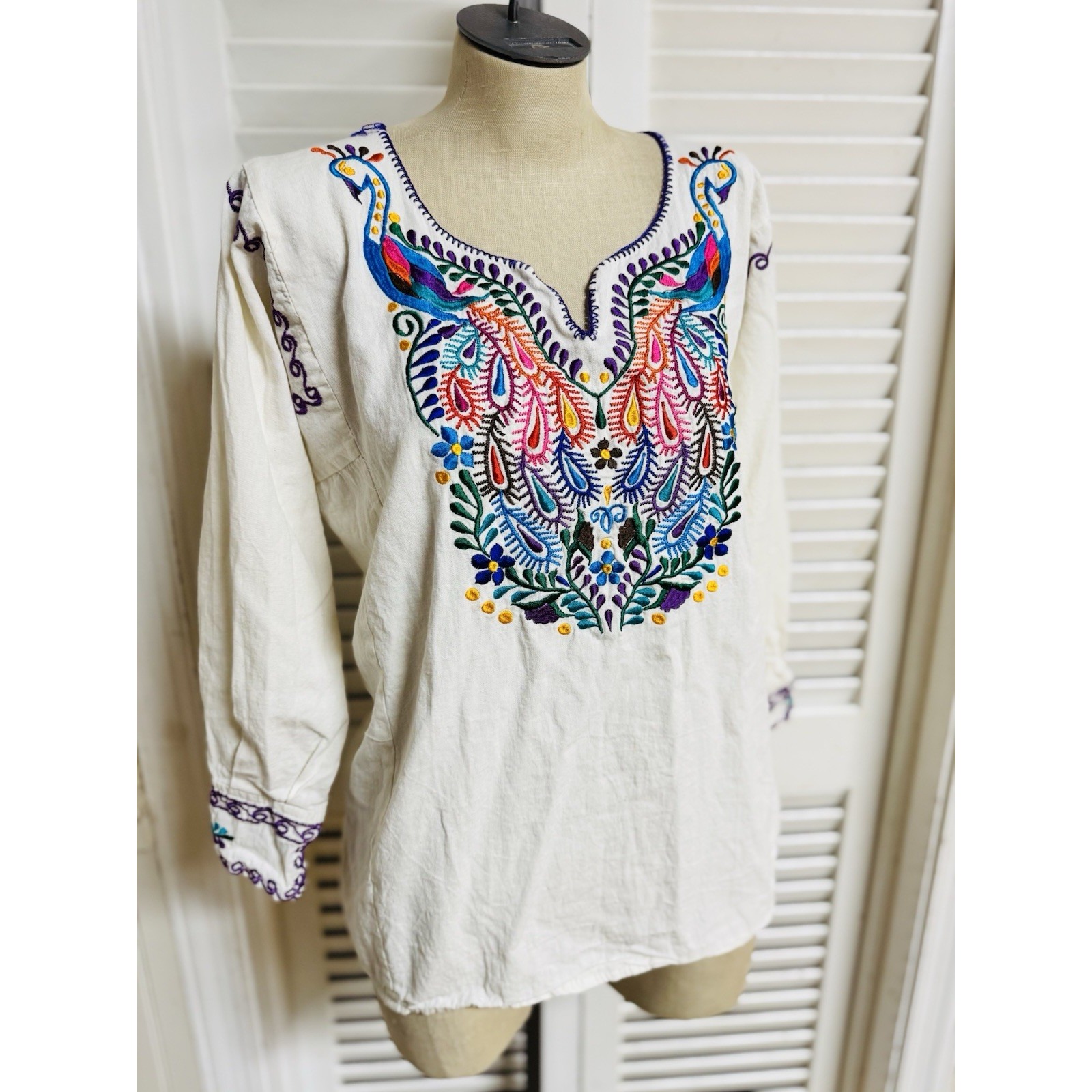 Vintage Festival Embroidered Peacock Tunic Top Cotton BoHo Peasant White XL/14