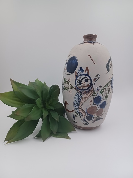 Vintage Signed Tonala Mexico Pottery Vase - Cats, Moon, Sun, Butterflies & Flora