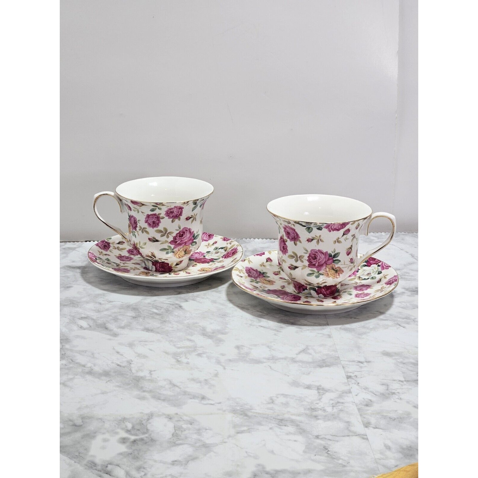 GRACE TEAWARE Tea Cup & Saucer Set Pink Roses Flowers Gold Rim Plate Floral