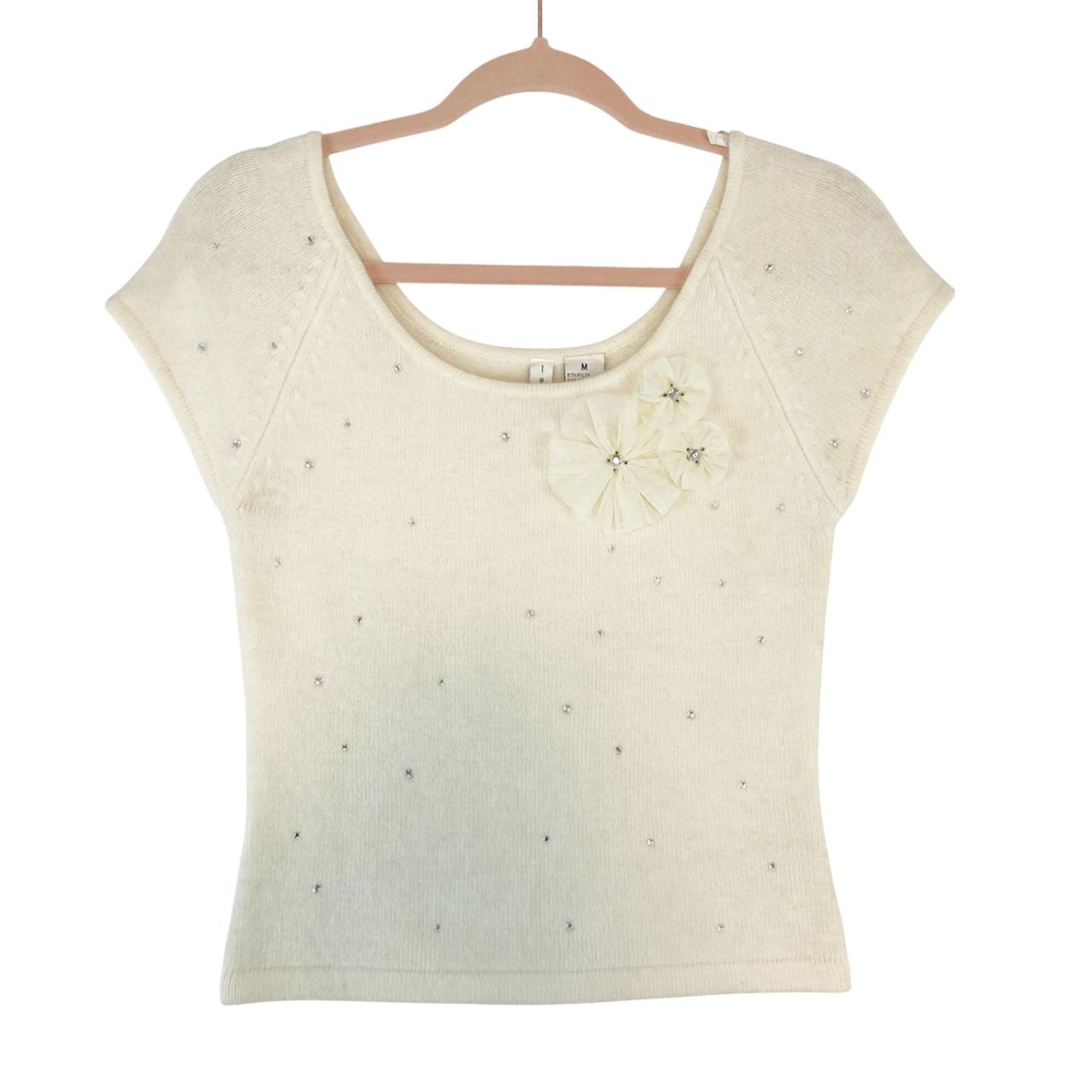 Twiggy Sweater Women's M Cream Ivory Rhinestone Cap Sleeve Knit Angora Lambswool
