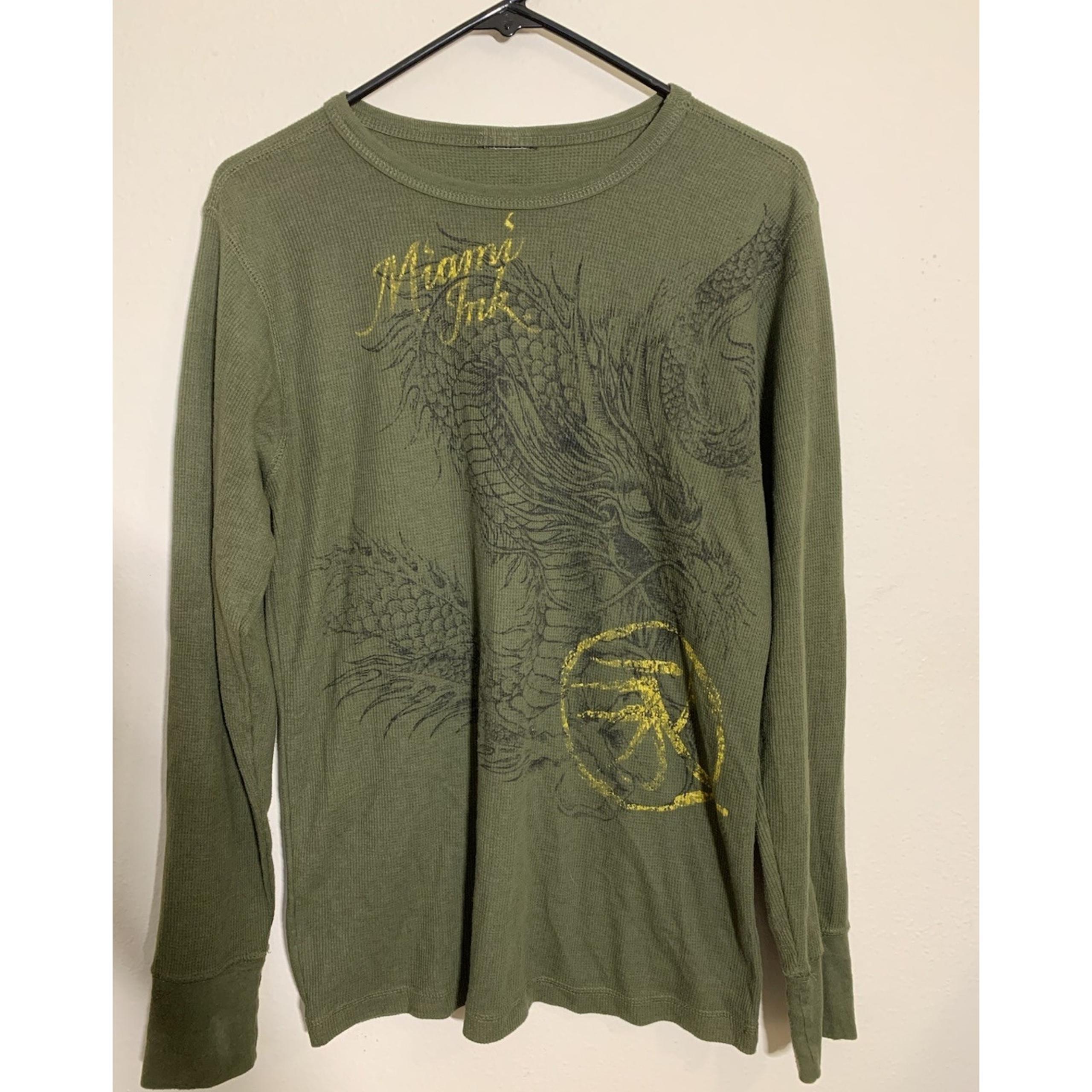 Vintage Miami Ink XL Mens Thermal Long Sleeve Shirt Large Green Black Y2K 200s