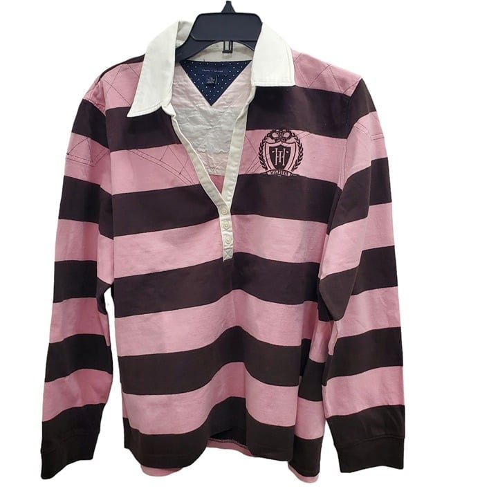 Tommy Hilfiger Woman's Y2K Pink Brown Preppy Academia LS Rugby Polo Plus Sz XXL