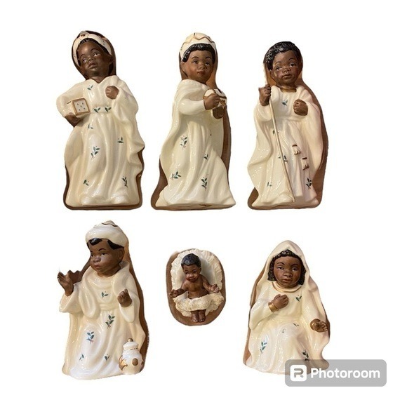 Ceramic African American Nativity Set Jesus Mary Joseph Christmas Decor