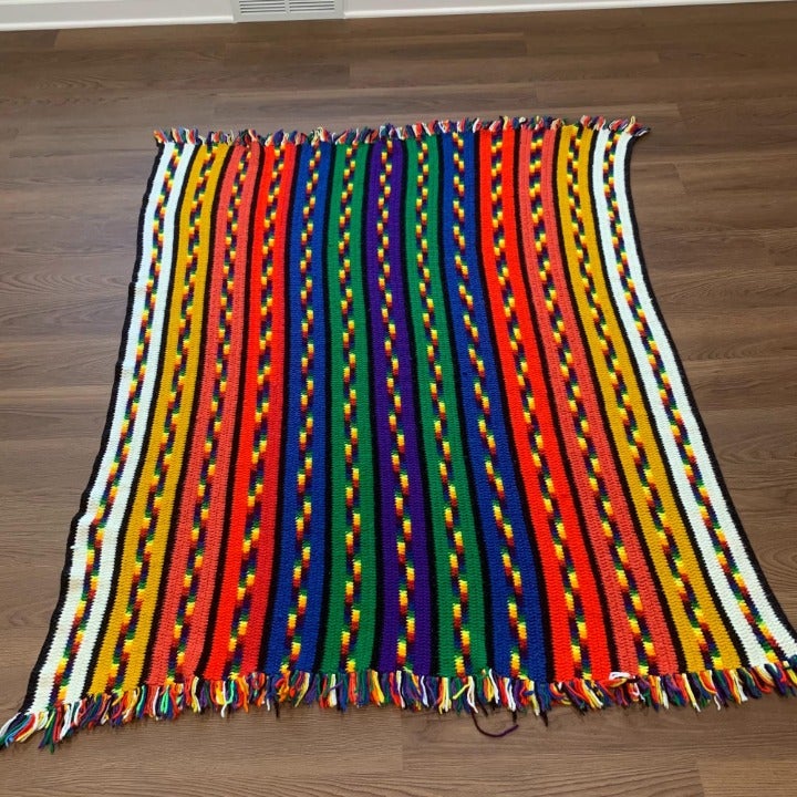 Vintage Handmade Rainbow Striped Colorful Fringed Afghan Throw 72 x 55