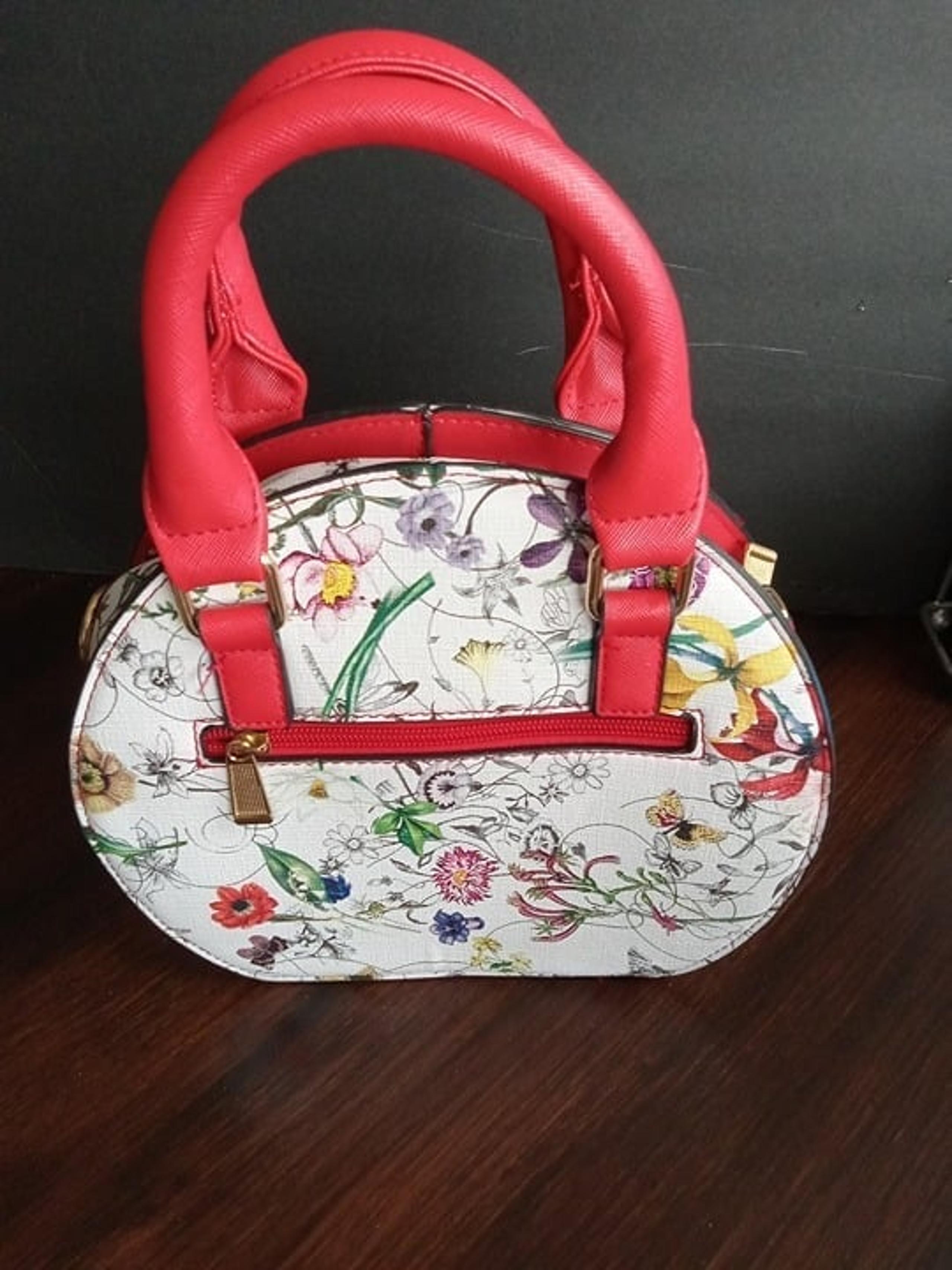 Satchel handbag White with Whimsical Floral print- Red trims