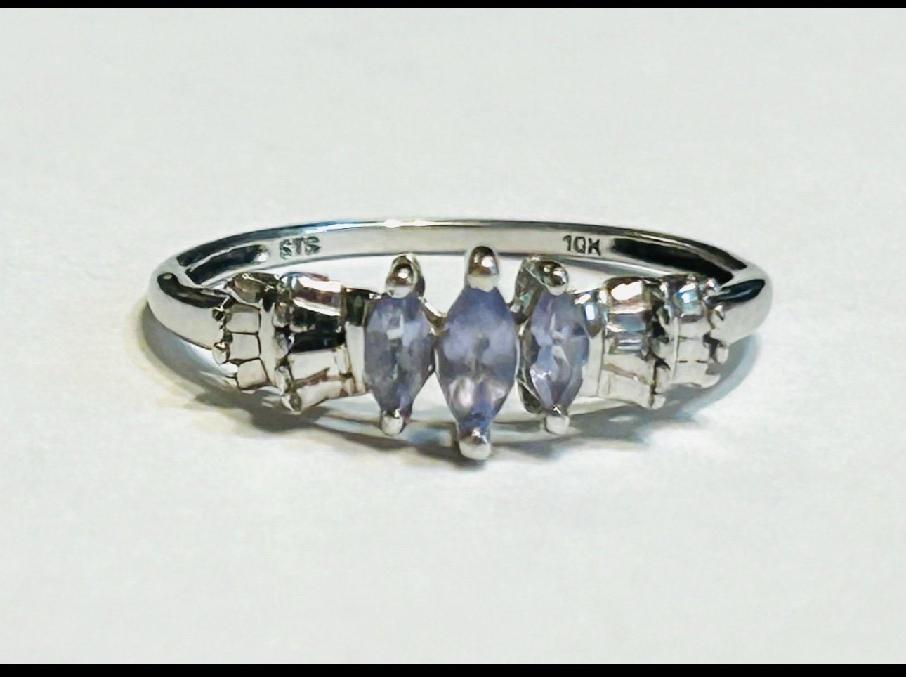 Amethyst 3 Stone 10K White Gold Size 7 Ring