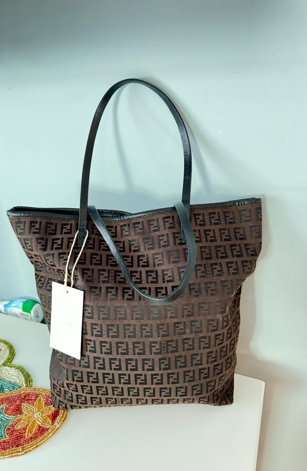 AUTHENTIC FENDI BROWN AND BLACK SIGNATURE ZUCCA SMALL CANVAS TOTE PRE OWNED