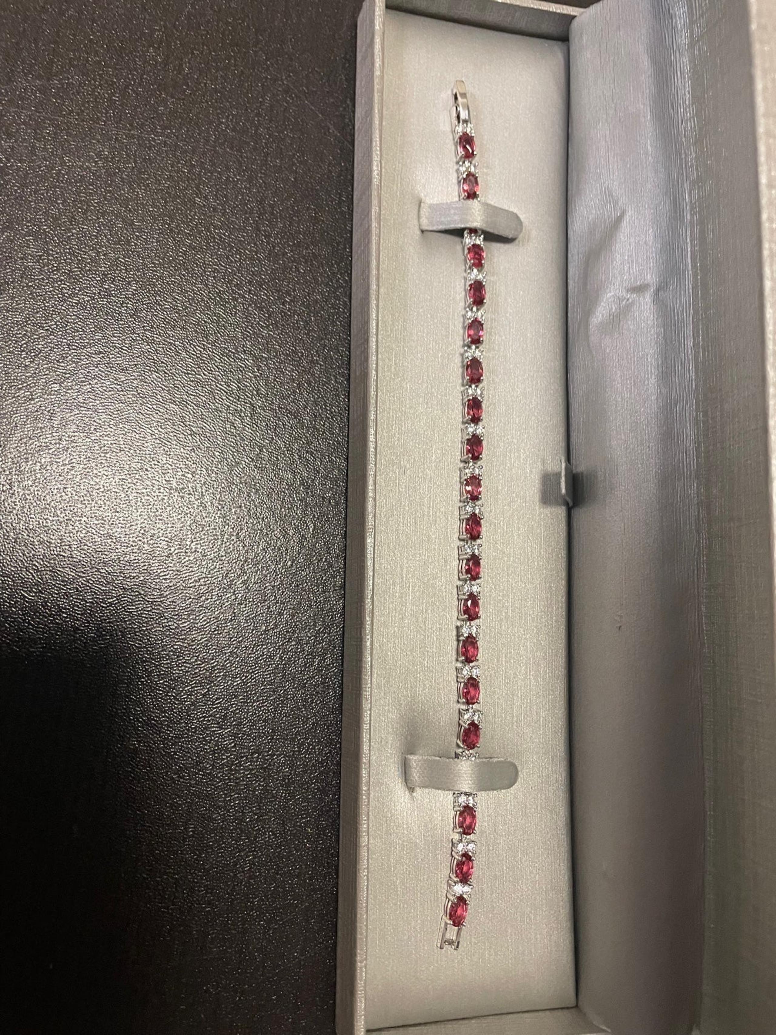 57.65 TCW Red Garnet & White Sapphire 925 Silver Tennis Bracelet