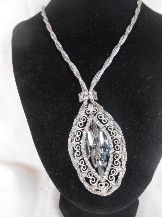 Vintage Julieana Silvertone Braided Mesh Hematite Rhinestone Pendant Necklace