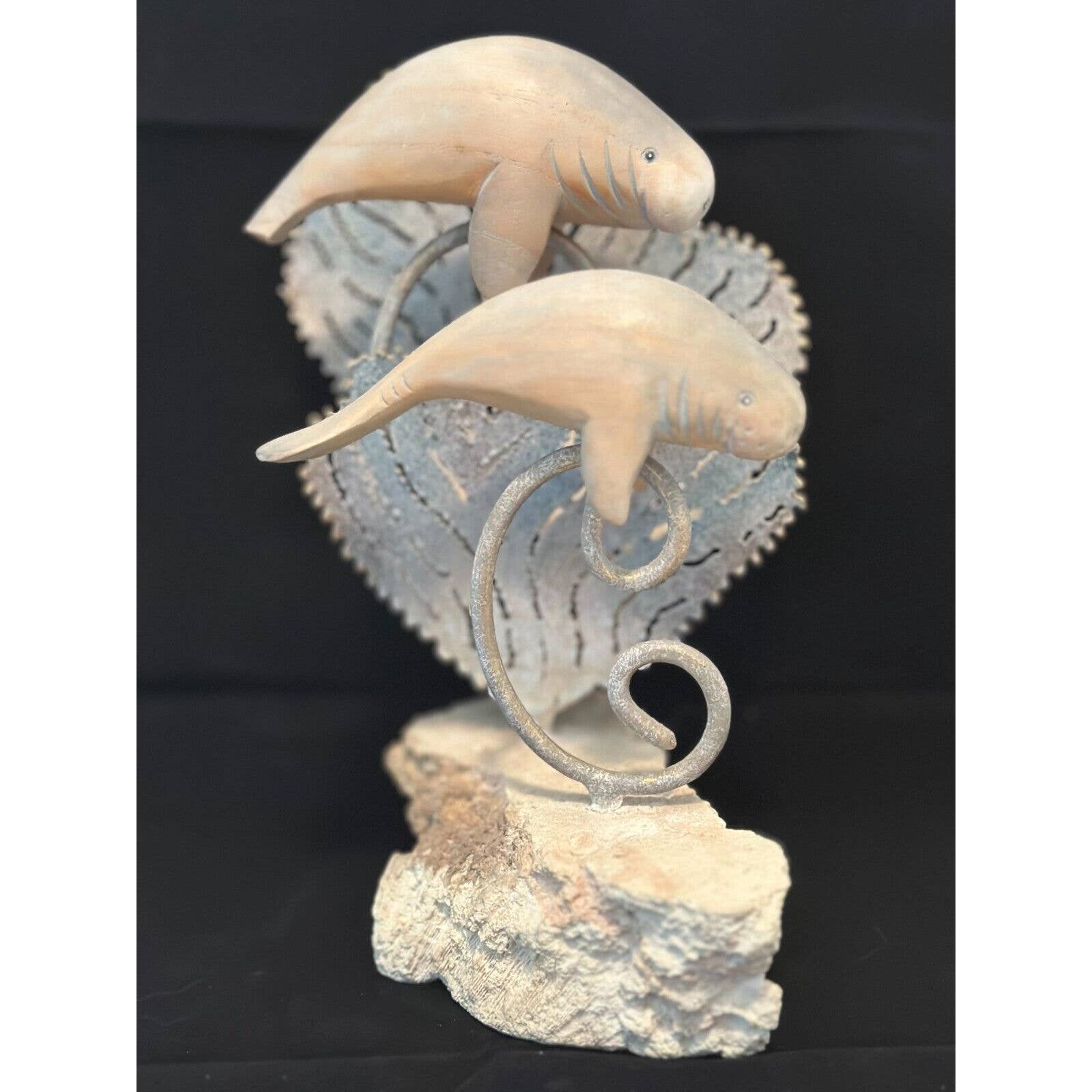 Coastal Decor Wooden Manatee w/Metal accents on Stone base Mixed Media