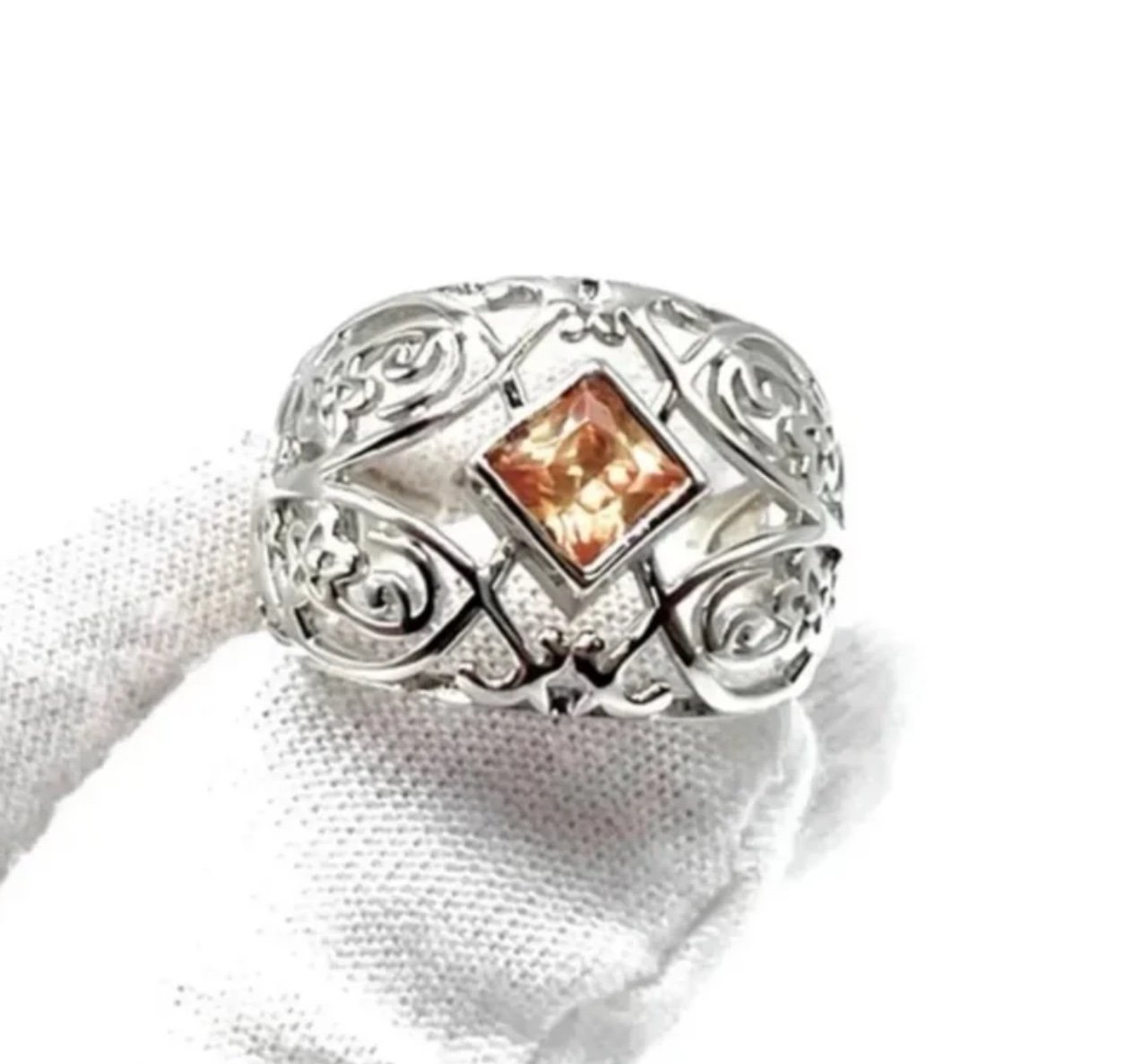 Sterling Silver Filigree Design Champagne Cz Ring