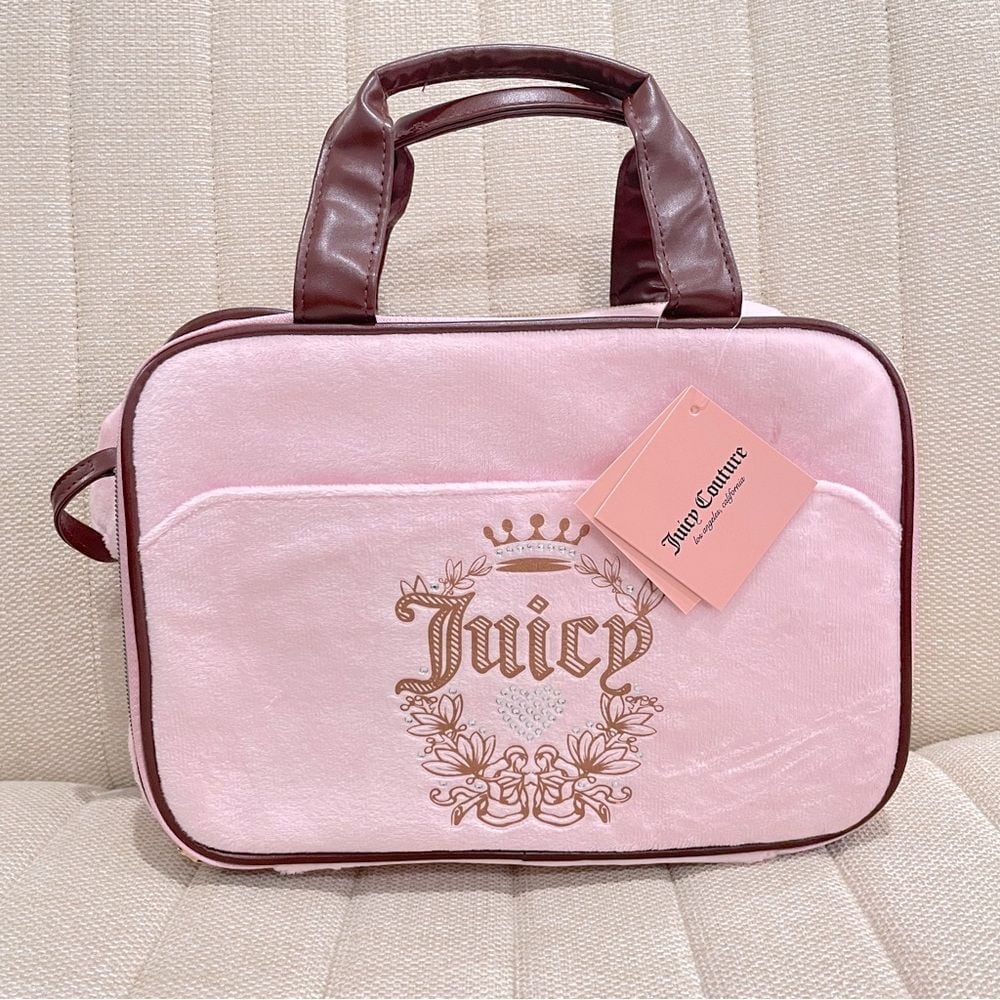 NEW Juicy Couture Pink Velour Makeup Bag Briefcase Multi Compartment Zip Around