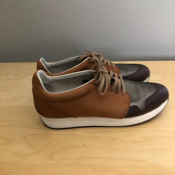 RACHEL COMEY Lace Up Leather Sneakers Womens size 5 Brown Tan Silver Prepcore
