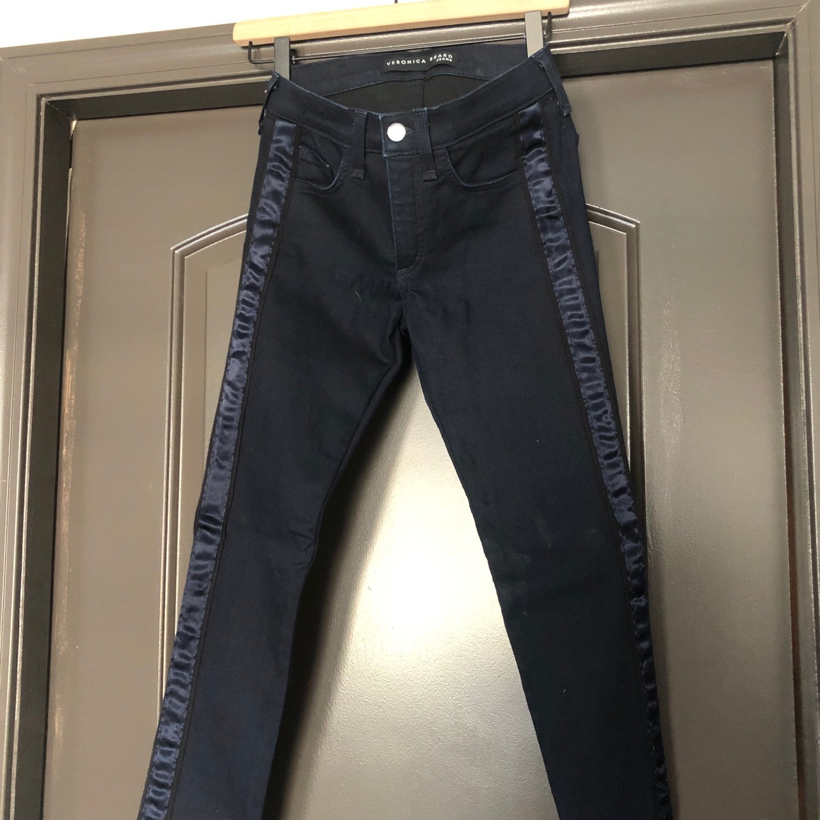 Veronica Beard mid-rise dark wash skinny jean with ribbon side stripe detail
