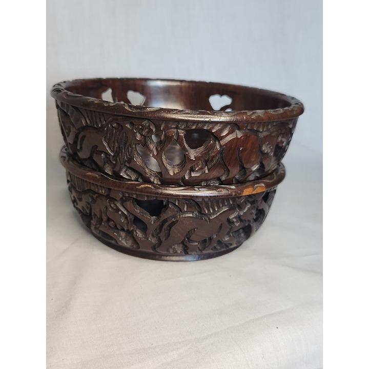 Set of Malawian Dark Iron Wood Bowls Carved African Animals Reticulated