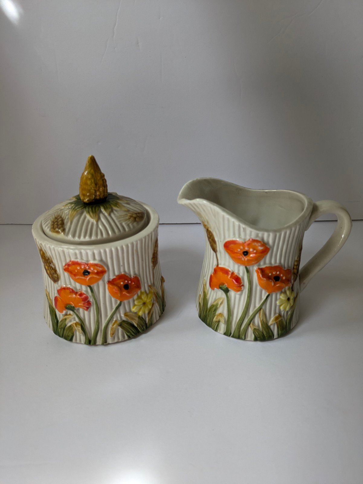 Vintage Lefton 1454 Orange Poppy with Wheat Cream and Sugar set with Stickers