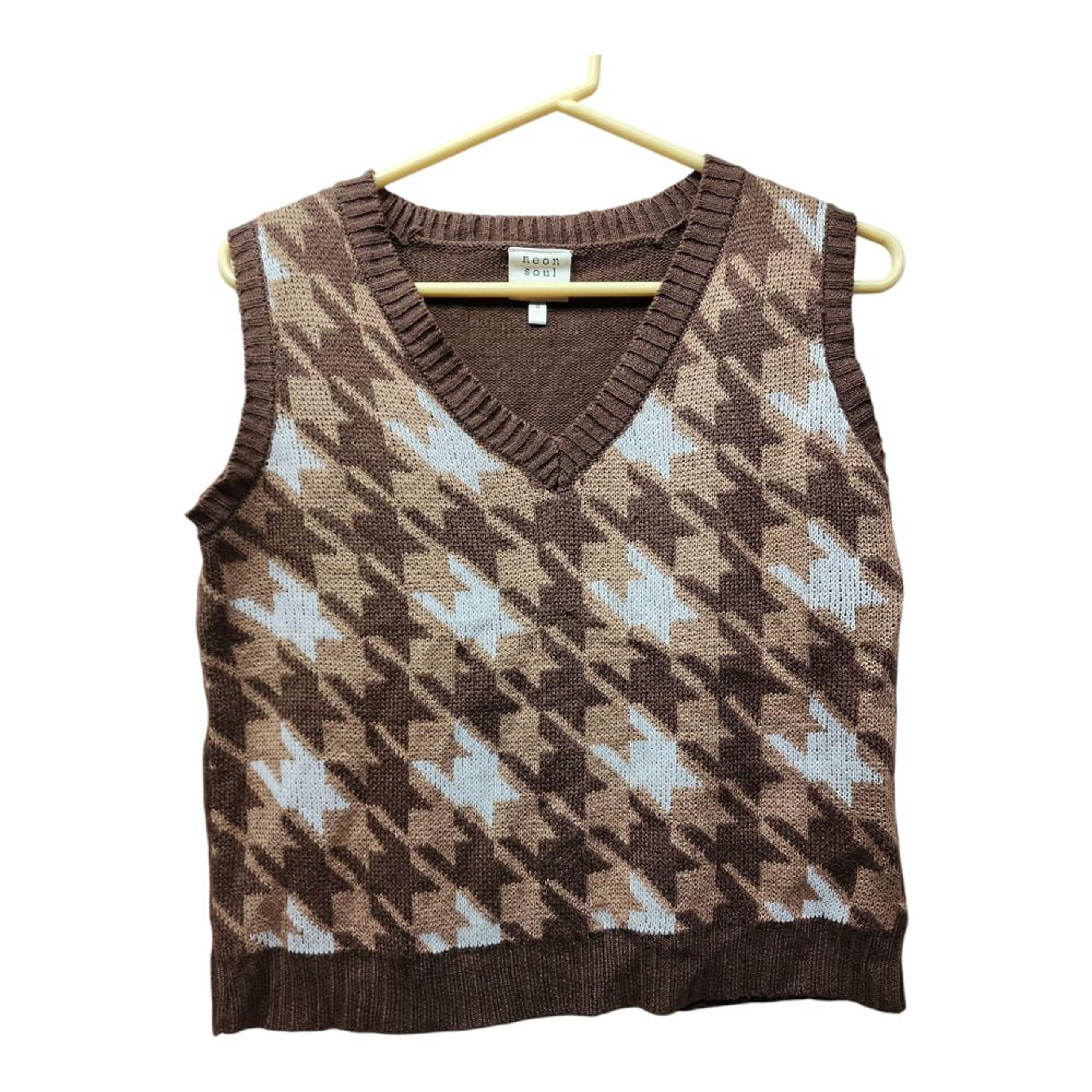 NEON SOUL Checkered Prep Student Vest V-Neck Sleeveless Sweater Size M