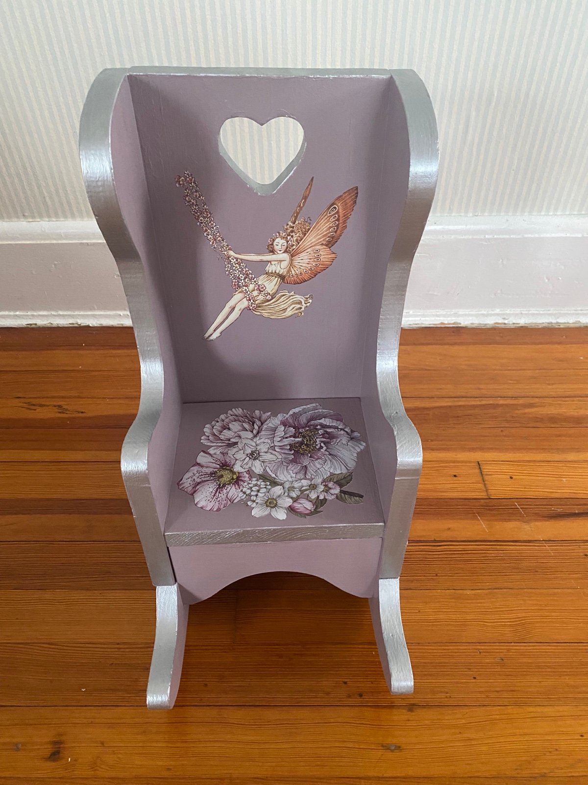 Hand painted solid wood vintage doll rocking chair in amethyst and silver.