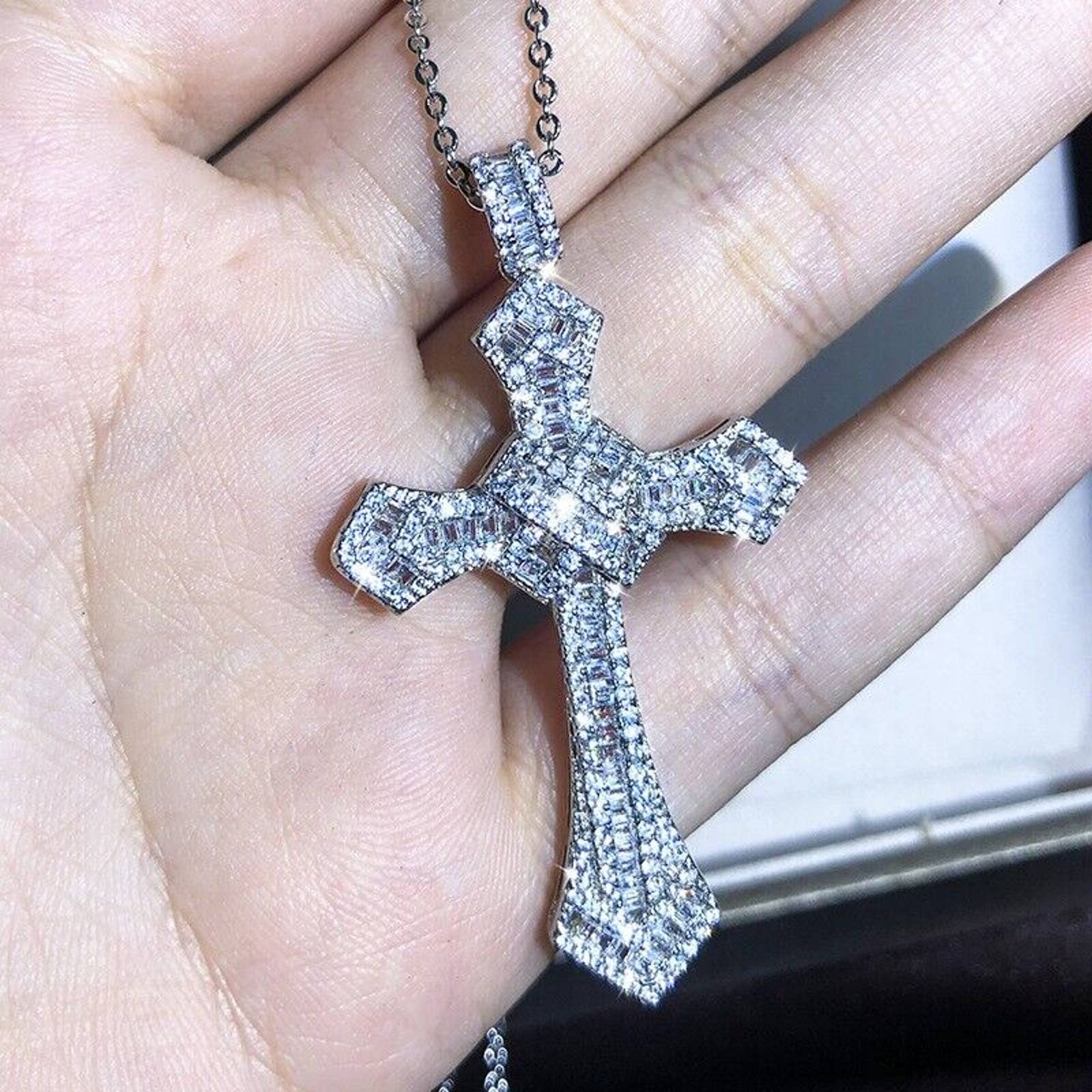 925 Sterling Silver and Cubic Zirconia Hip Hop Cross Necklace, Men's and Women's