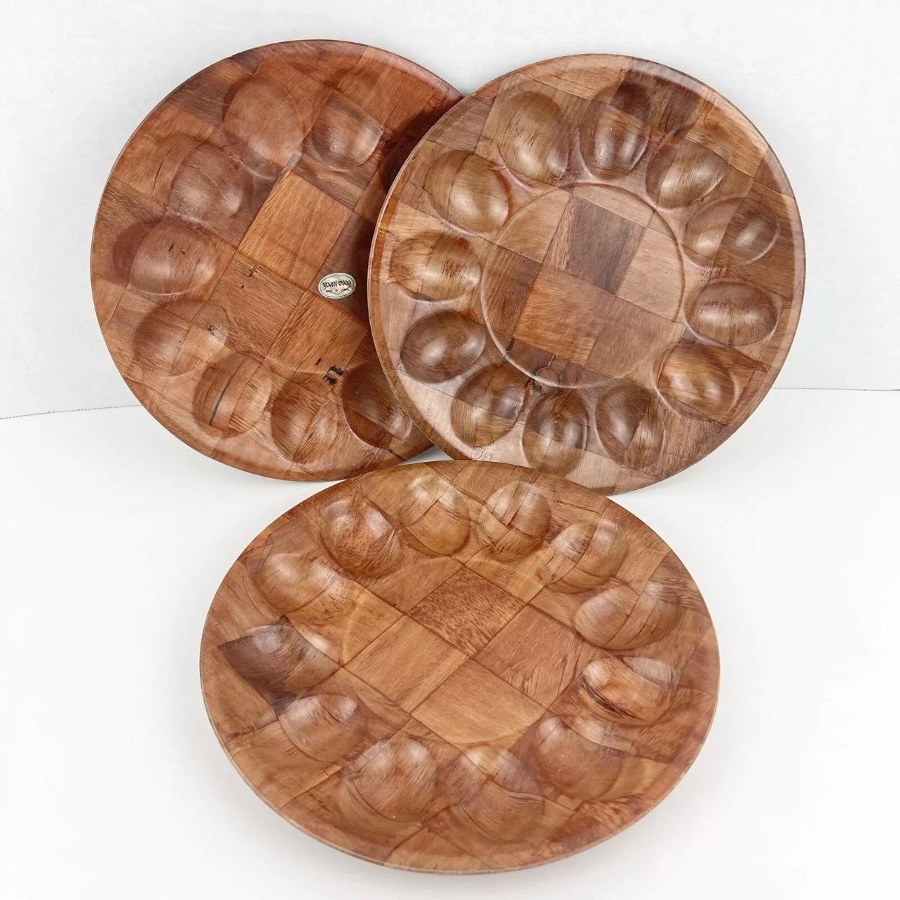 Vintage Woven Wood Deviled Egg Plate Set If 3 HC Woven-Wooo 10” Taiwan Retro