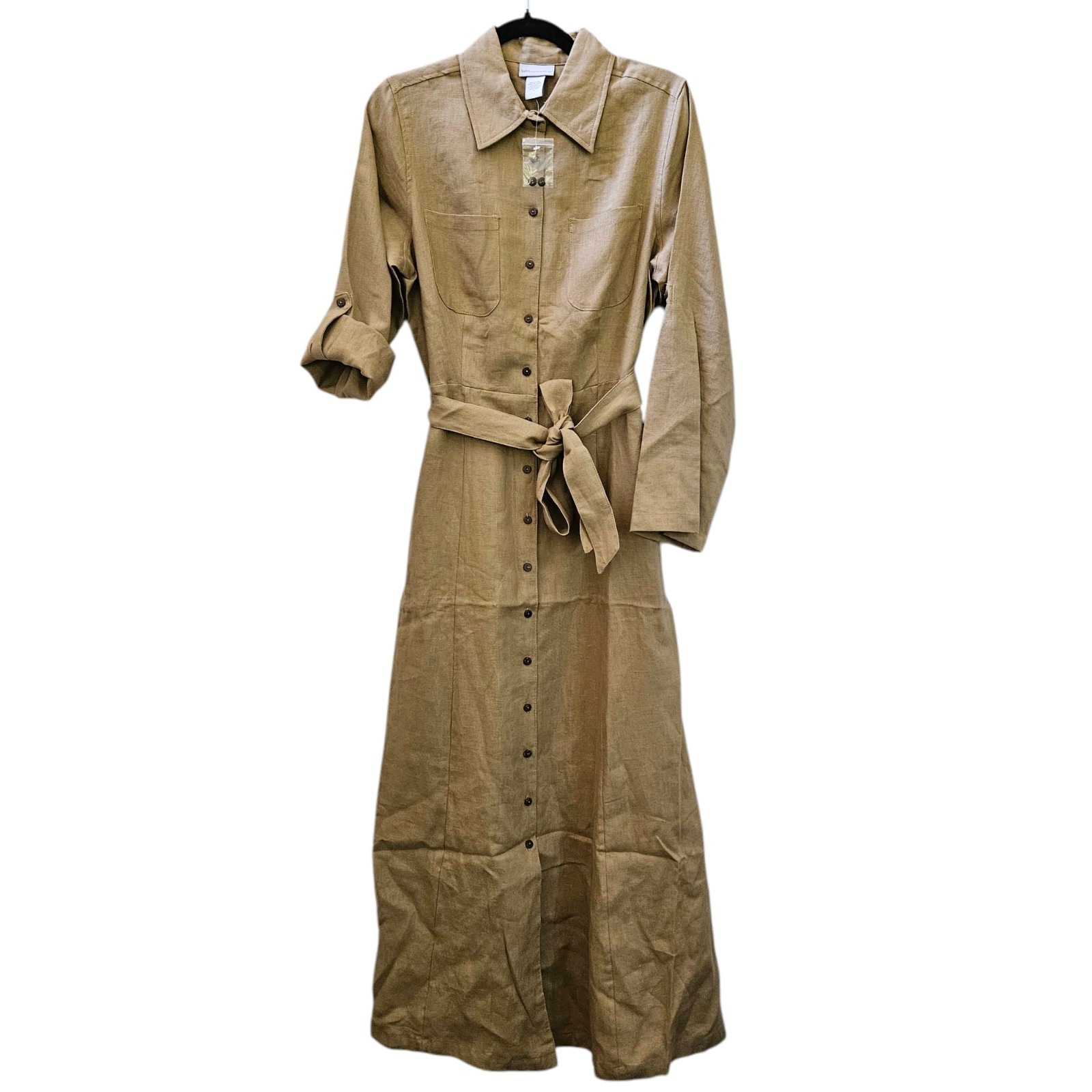 Soft Surroundings Shirt Dress M Tan Linen Roll Tab Button Up Belted Maxi NWOT