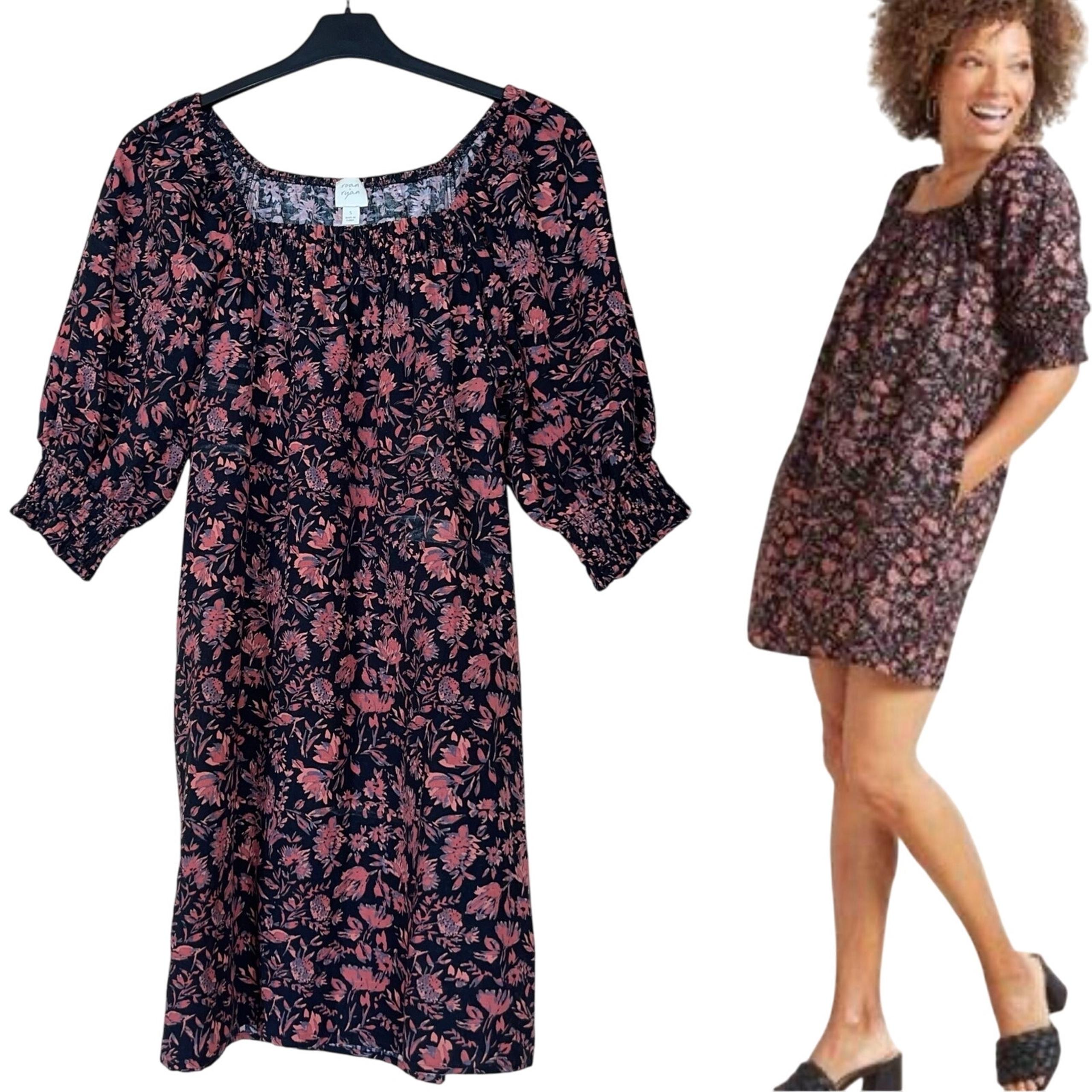 Roan + Ryan Dress S Floral Black Cottagcore Puff Sleeve Smocked Peasant Shift