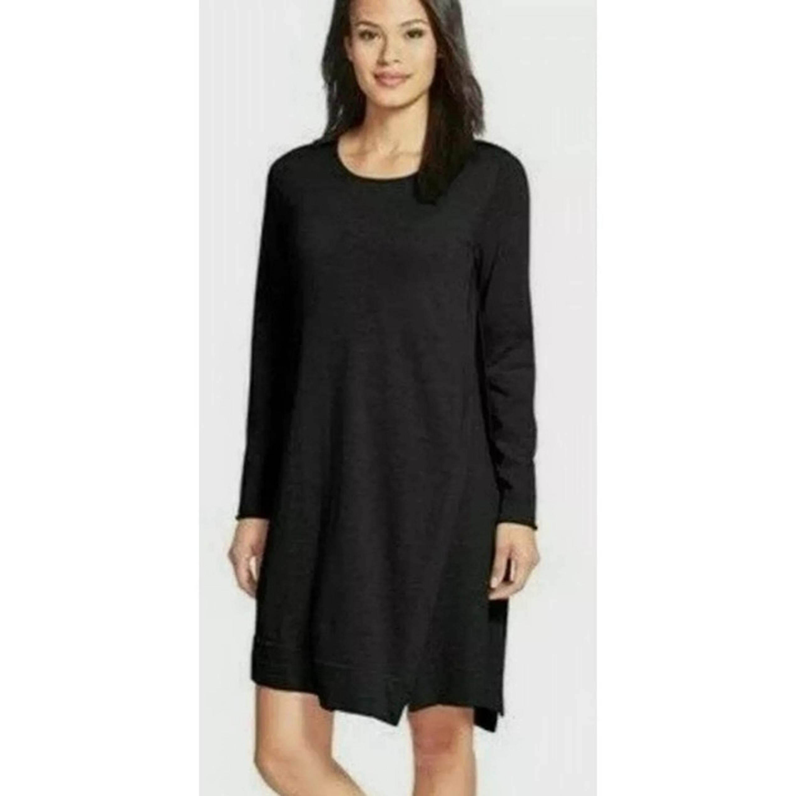 Eileen Fisher Large Black Merino Wool Asymmetrical Long Sleeve Dress Womens size