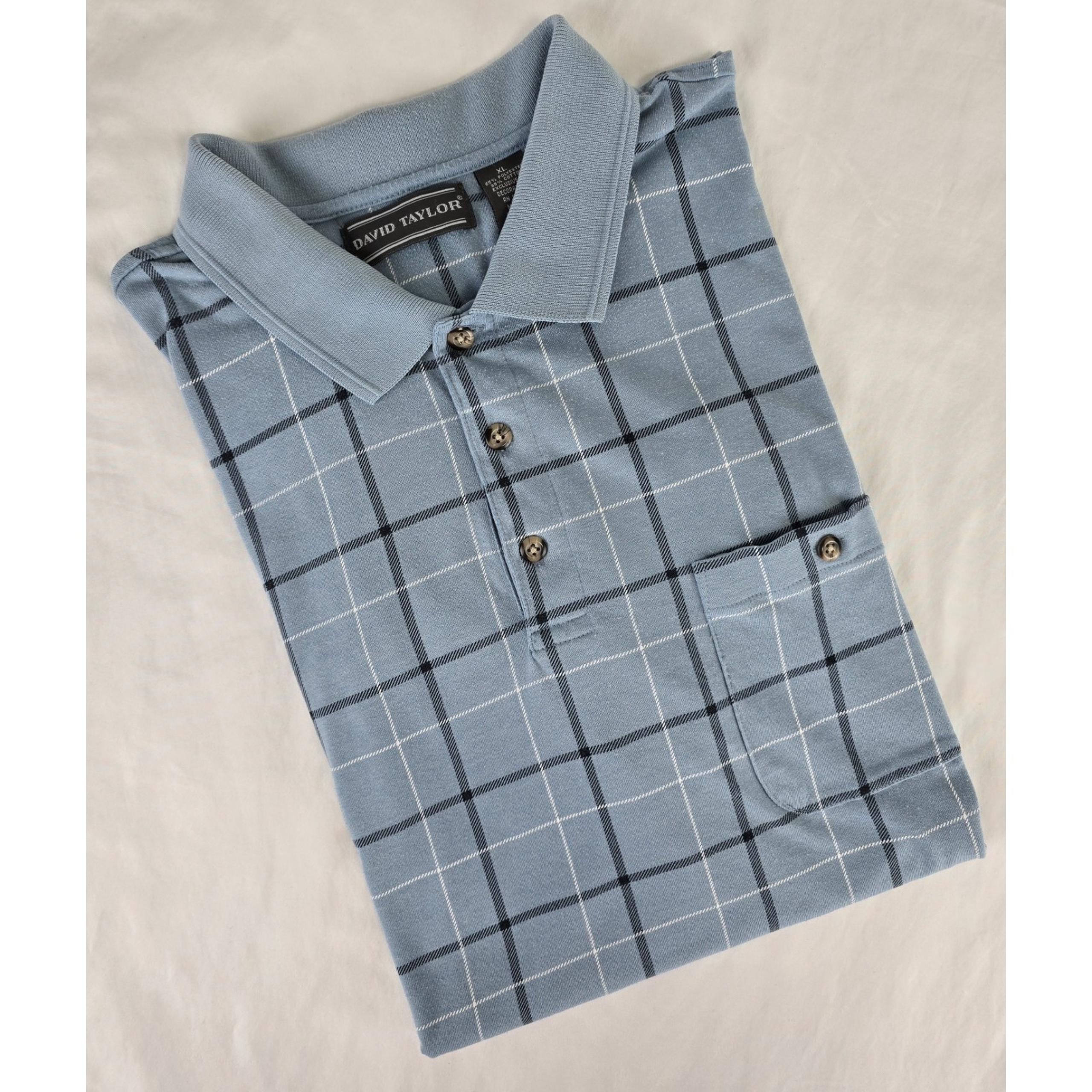 Vtg David Taylor Golf Polo Shirt Mens XL Lt Blue Plaid Banded Waist Pocket Dad