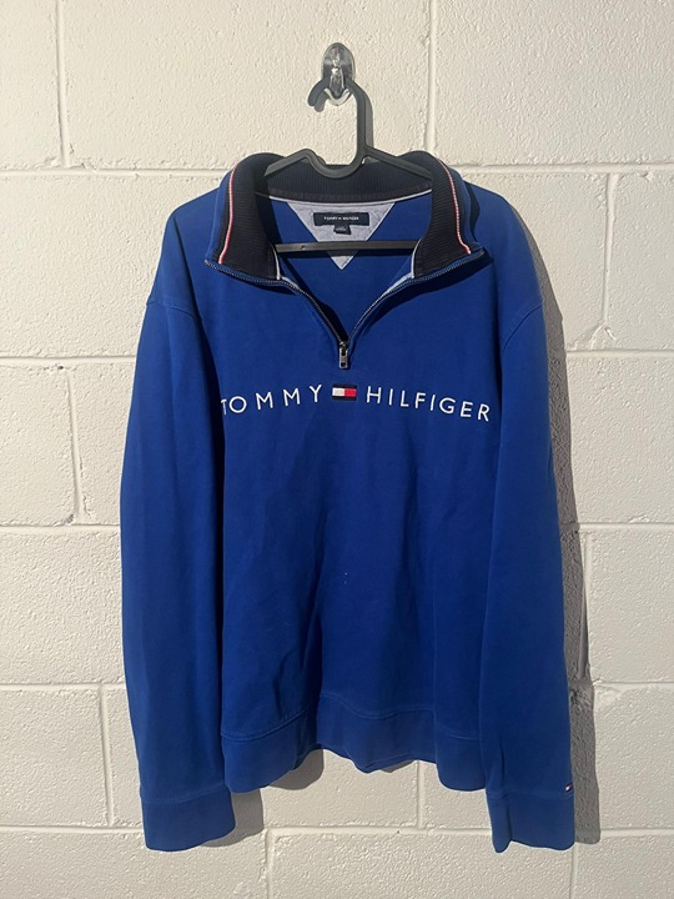 Tommy Hilfiger quarter zip pullover spellout embroidered blue men size large