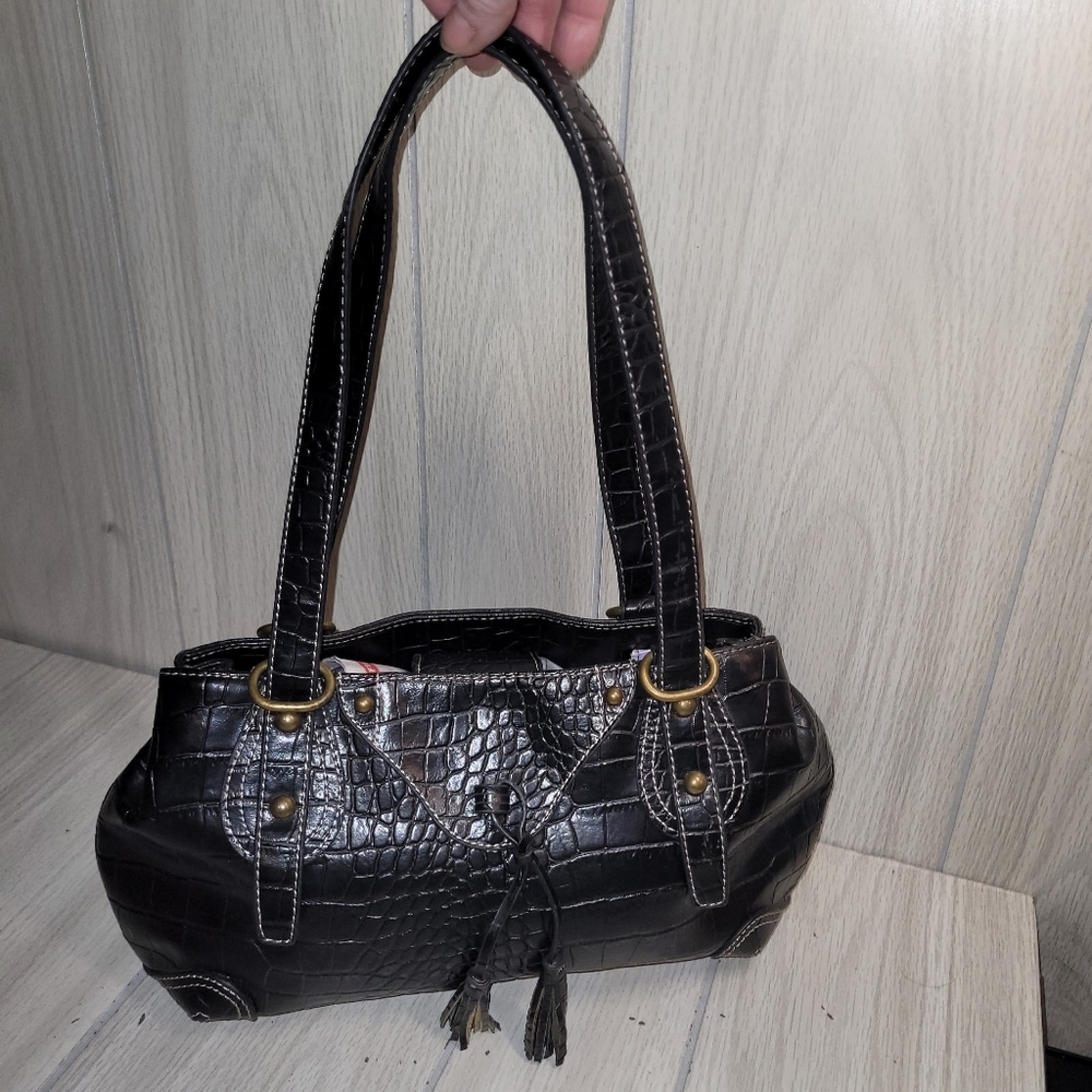 Vintage Y2K Black Faux Croc Leather Shoulder Bag Purse Boho WhimsyGoth