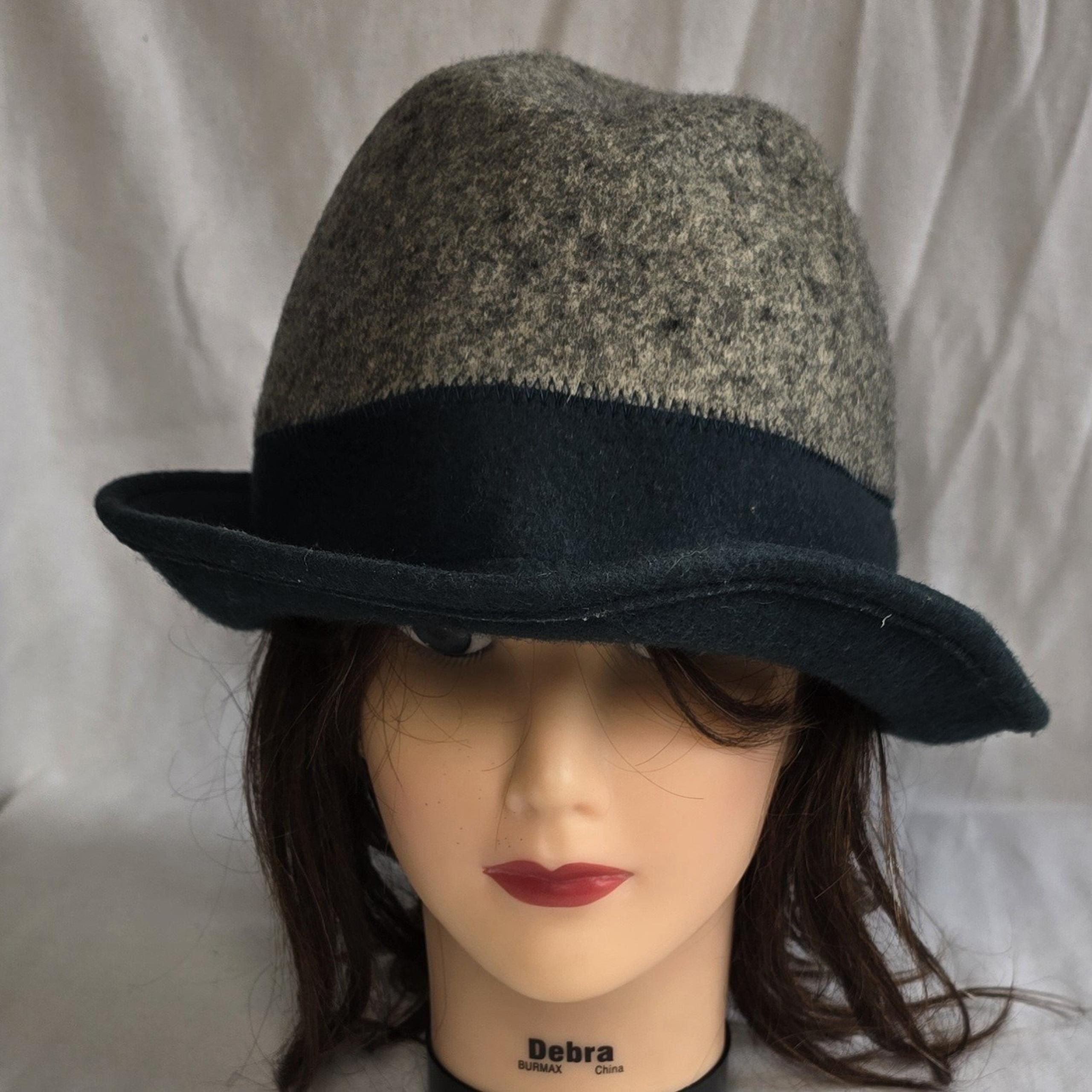 Womens Bucket Hat Grey/Blue Trim 100% Wool Fabric Retro