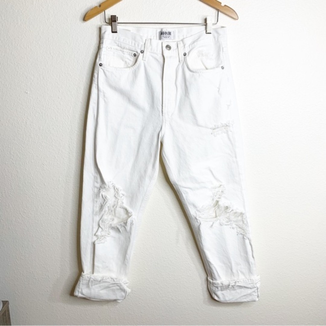 Agolde 90s Relaxed Fit Distressed High Waisted White Denim Jeans Size 28